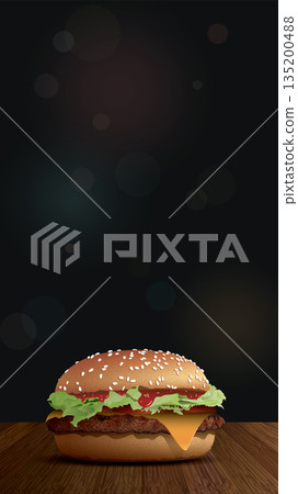 Homemade chessburger side view on wooden table have blurred night life vertical background with bokeh effect vector illustration have blank space for advertisement. 135200488