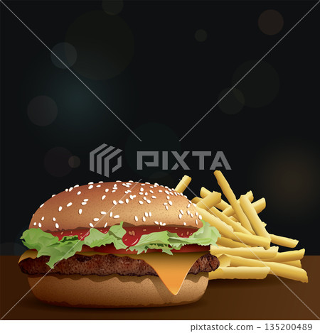 Homemade cheeseburger side view and french fries on wooden table have blurred night life square background with bokeh effect vector illustration have blank space for advertisement. 135200489