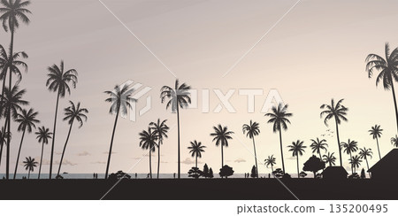 Silhouetted coconut palm trees at the beach with vanilla sky rectangle background vector illustration. Summer traveling and party at the beach concept flat design with blank space. Silhouetted coconut palm trees at the beach with vanilla sky rectangle background vector illustration. Summer traveling and party at the beach concept flat design with blank space. 135200495