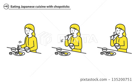 Woman eating Japanese food with chopsticks (2 colors) Woman eating Japanese food with chopsticks (2 colors) 135200751