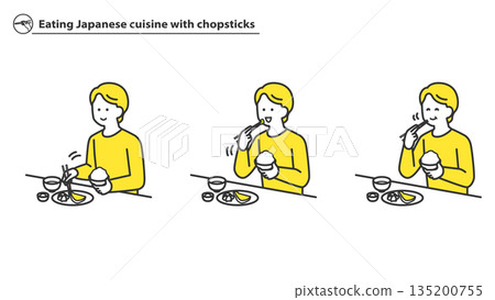 Man eating Japanese food with chopsticks (2 colors) Man eating Japanese food with chopsticks (2 colors) 135200755