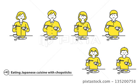 Set of people eating Japanese food with chopsticks (2 colors) 135200758