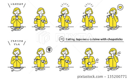 Senior woman eating Japanese food with chopsticks, facial expression variations, set of 2 colors 135200771