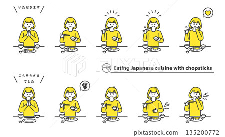 Girl eating Japanese food with chopsticks, facial expression variations, set of 2 colors Girl eating Japanese food with chopsticks, facial expression variations, set of 2 colors 135200772