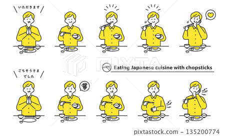 Senior man eating Japanese food with chopsticks, facial expression variations, set, 2 colors Senior man eating Japanese food with chopsticks, facial expression variations, set, 2 colors 135200774