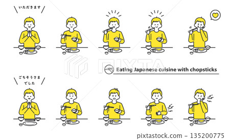 Boy eating Japanese food with chopsticks, facial expression variations, set of 2 colors 135200775