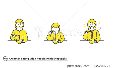 Woman eating udon noodles with chopsticks, facial expression variations, set of 2 colors Woman eating udon noodles with chopsticks, facial expression variations, set of 2 colors 135200777