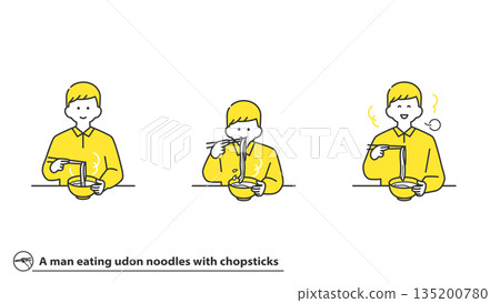男子用筷子吃烏冬面，臉部表情各異，一套兩色 135200780