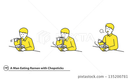 用筷子吃拉麵的男人們,臉部表情各異,一套兩色 用筷子吃拉麵的男人們,臉部表情各異,一套兩色 135200781