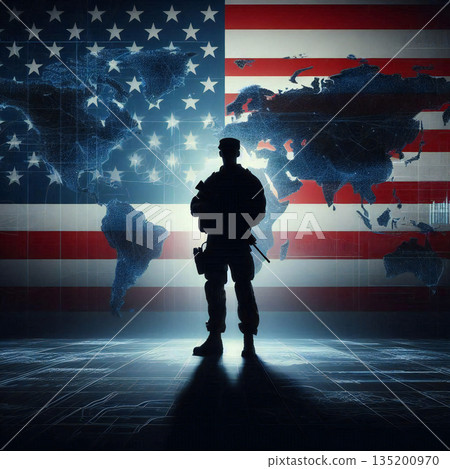 美國軍方人員扛著美國國旗，美國士兵的剪影與戰略會議，地緣政治風險 135200970