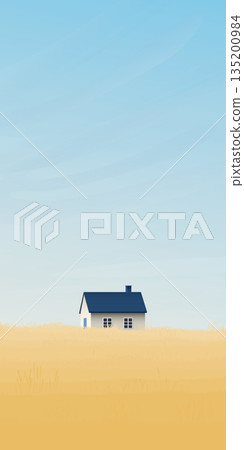 Wheat field with country house and blue sky vertical background vector illustration have blank space. Countryside summer background gold colors grain nature. Autumn agriculture landscape. 135200984