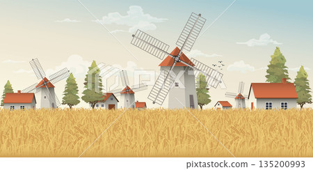 Old farm, village and windmill in wheat field in the morning vector illustration. Countryside concept with gold colors barley field. 135200993
