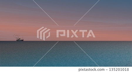 Seascape with fishing boat followed by seagulls at skyline vector illustration have dramatic sky background. Sunset at tropical blue sea concept. 135201018