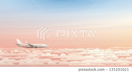 Airplane side view flying above the clouds with dramatic sky background vector illustration. Plane with sunset concept. Airplane side view flying above the clouds with dramatic sky background vector illustration. Plane with sunset concept. 135201021