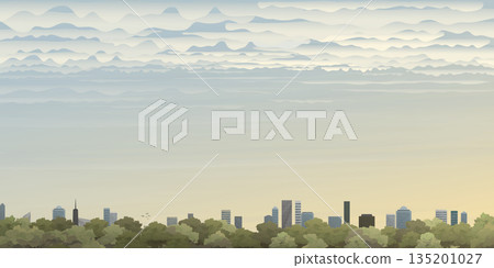 Cityscape in the morning vector illustration have blank space. Cloudscape and buildings silhouette against the sky in Autumn flat design. Cityscape in the morning vector illustration have blank space. Cloudscape and buildings silhouette against the sky in Autumn flat design. 135201027