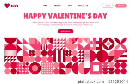Valentine Day landing page with abstract geometric pattern vector border. Happy Valentine Day holiday website landing page template with pink white modern graphic shapes pattern background 135201044