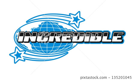 Incredible globe Y2K groovy sticker or symbol. World Y2K vector globus label, Earth funky wireframe globe patch. Planet mesh sphere tag with blue shooting stars and metallic typography 135201045