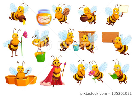 Cartoon cute bee characters set with honey, flowers and beehive. Funny queen, worker and student bees characters collecting honey with pots, reading book, holding flowers, honeycombs and sign board Cartoon cute bee characters set with honey, flowers and beehive. Funny queen, worker and student bees characters collecting honey with pots, reading book, holding flowers, honeycombs and sign board 135201051