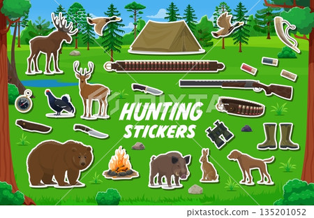 Hunting sport stickers with wild animals and hunter equipment, vector set. Hunting season stickers of bear and elk moose with partridge and duck, hunter rifle, and bullet bandoleer with binoculars 135201052