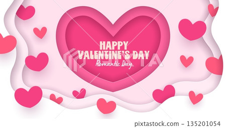 Paper cut Valentines Day banner with pink hearts. Romantic love holiday vector 3d background with paper cut heart frame and layered white wave borders. Valentines Day love card or greeting banner 135201054