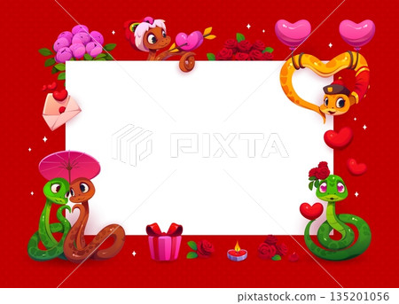 Valentine day greeting card frame template with snakes, hearts and flowers, cartoon vector. Valentine day holiday frame of heart balloons, love message envelope and snake characters with wedding gifts Valentine day greeting card frame template with snakes, hearts and flowers, cartoon vector. Valentine day holiday frame of heart balloons, love message envelope and snake characters with wedding gifts 135201056
