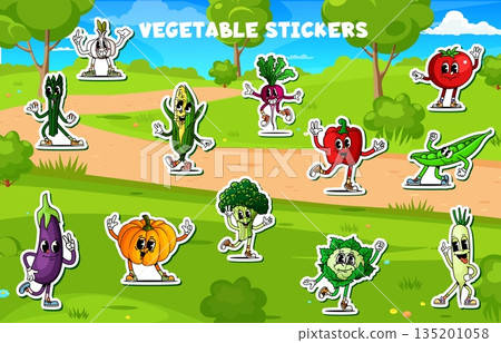 Cartoon groovy vegetable characters stickers pack. Vector tomato, corn, broccoli, pumpkin, radish, pea and cabbage retro y2k happy farm personages dancing on green field landscape with cheerful faces Cartoon groovy vegetable characters stickers pack. Vector tomato, corn, broccoli, pumpkin, radish, pea and cabbage retro y2k happy farm personages dancing on green field landscape with cheerful faces 135201058