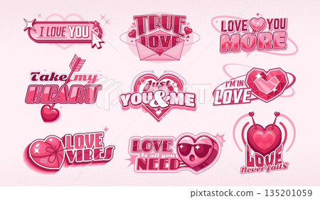 Y2k icons vector set with romantic text phrases in glossy heart shapes, envelope, arrow, sparkle, and lips. Retro valentine day stickers with bold lettering, love quotes and pink elements in y2k vibe Y2k icons vector set with romantic text phrases in glossy heart shapes, envelope, arrow, sparkle, and lips. Retro valentine day stickers with bold lettering, love quotes and pink elements in y2k vibe 135201059