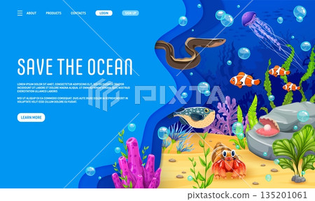 Save the oceans landing page with sea animals and fishes at the underwater landscape. 3d paper cut vector Save the ocean awareness web banner template with tropical ocean corals and marine life Save the oceans landing page with sea animals and fishes at the underwater landscape. 3d paper cut vector Save the ocean awareness web banner template with tropical ocean corals and marine life 135201061