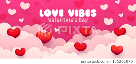 Paper cut Valentines Day banner with clouds and love hearts. Romantic holiday vector greeting card of 3d paper cut sky background with wavy clouds layers and red hearts, Valentines Day love letter 135201070
