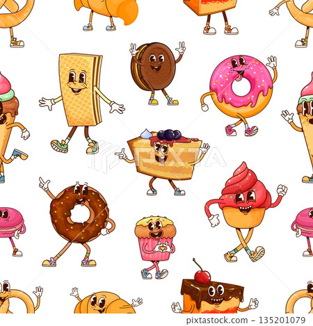 Bakery, sweets and desserts groovy characters vector seamless pattern. Cheerful donut with sprinkles, funny muffin, happy cupcake, quirky waffle, groovy pie, hippie cookie and cute croissant bakery 135201079