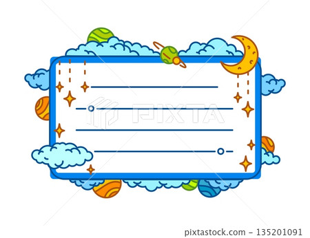 Sky clouds and space planets kids memo note template. Cosmos to do list memo note, blue sky kids scrapbook vector label. Universe schedule sticker or frame with blue clouds, space planets and stars Sky clouds and space planets kids memo note template. Cosmos to do list memo note, blue sky kids scrapbook vector label. Universe schedule sticker or frame with blue clouds, space planets and stars 135201091