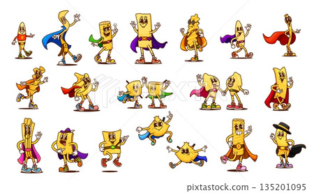 Cartoon groovy italian pasta food superhero characters. Vector retro hippie noodles in hero costumes with happy smiling faces. Funny groovy lasagna, fusilli, tortellini and rigatoni pasta characters 135201095