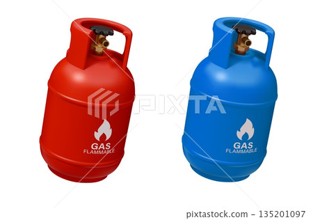 3D gas cylinders with flammable warning signs of liquid gas or LPG, vector containers. Realistic gas cylinders in red and blue color with valves for oxygen, propane, or butane, and nitrogen gas 3D gas cylinders with flammable warning signs of liquid gas or LPG, vector containers. Realistic gas cylinders in red and blue color with valves for oxygen, propane, or butane, and nitrogen gas 135201097