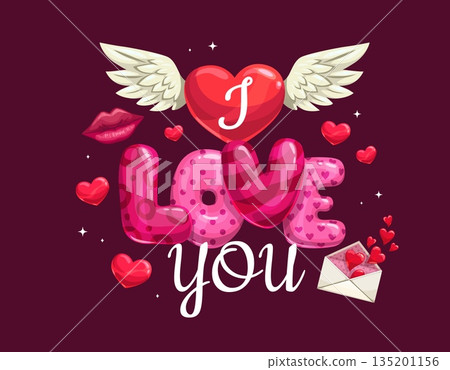 I love You Valentine day greeting card quote with heart on wings, vector background. Valentine day or love holiday greeting card with love message envelope, kiss lips and heart balloons for wedding I love You Valentine day greeting card quote with heart on wings, vector background. Valentine day or love holiday greeting card with love message envelope, kiss lips and heart balloons for wedding 135201156