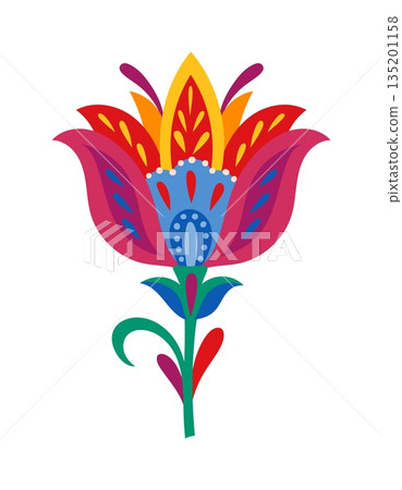 Mexican folklore holiday abstract flower decoration with red yellow and orange bud. Hispanic culture plant object, Mexican folk nature isolated vector element. Mexico ethnic flower decor 135201158