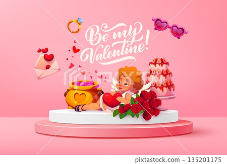 Valentine podium stage with cherub and flowers. Vector festive platform featuring a cupid holding a heart, roses bouquet, gift items, and romantic symbols on pink background with text Be my Valentine Valentine podium stage with cherub and flowers. Vector festive platform featuring a cupid holding a heart, roses bouquet, gift items, and romantic symbols on pink background with text Be my Valentine 135201175