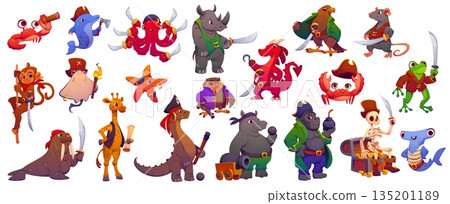 Cartoon animal pirate captain and corsair sailor characters set. Vector funny comic sea bandit crew with swords, hooks, eyepatches and pirate hats, emphasizing adventure, fantasy and swashbuckling fun 135201189