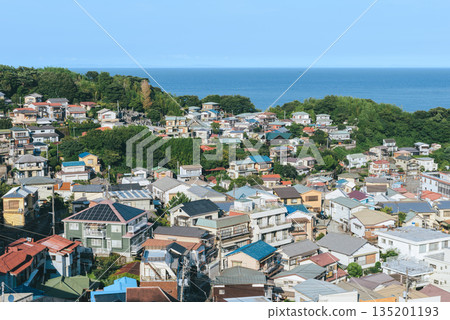 The townscape of Manazuru Town, Kanagawa Prefecture, overlooking the sea: Houses in the hilly area and Sagami Bay 135201193