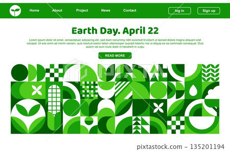 Earth day landing page with Bauhaus geometric pattern. Save nature, ecology protection startup vector webpage or site. Earth day holiday landing page with Bauhaus green geometric shapes pattern 135201194
