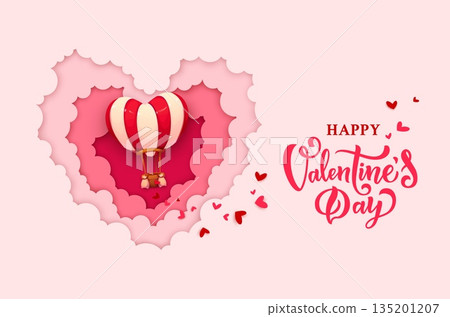 Paper cut Valentines Day banner of cartoon hot air balloon in vector 3d layered frame of heart shaped pink clouds border. Valentines Day romantic love holiday paper cut craft greeting card or banner Paper cut Valentines Day banner of cartoon hot air balloon in vector 3d layered frame of heart shaped pink clouds border. Valentines Day romantic love holiday paper cut craft greeting card or banner 135201207
