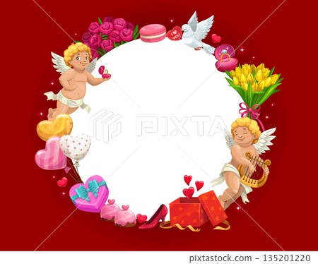 Valentine's day greeting banner round frame. Saint Valentine day vector banner, romance holiday greeting card. Love party poster with cupids characters, gifts, balloons and flowers, white pigeon 135201220
