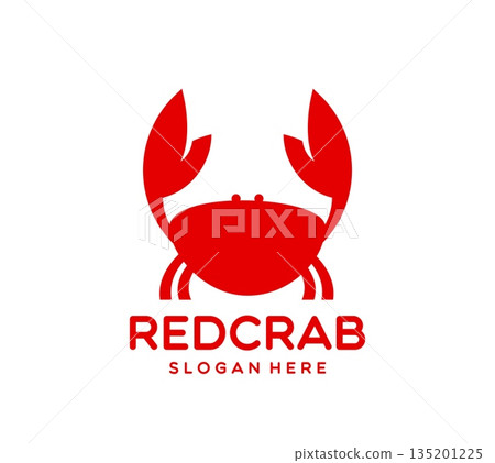 Red crab seafood icon or emblem with crab silhouette with raised claws. Vector seafood cuisine label with bold typography and sea animal for seafood business, restaurants or marine companies branding 135201225