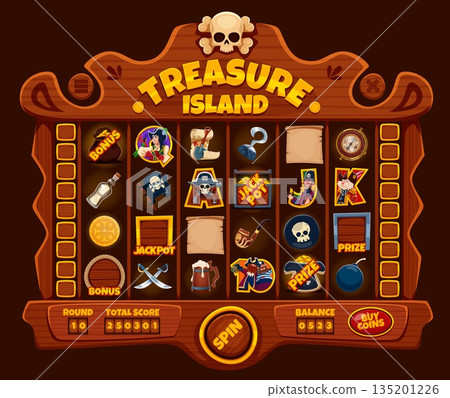 Online casino slot game board with pirate and corsair characters, vector gambling and piracy. Cartoon online casino slot machine with captain pirate, treasure map, chest and gold money spin reels 135201226