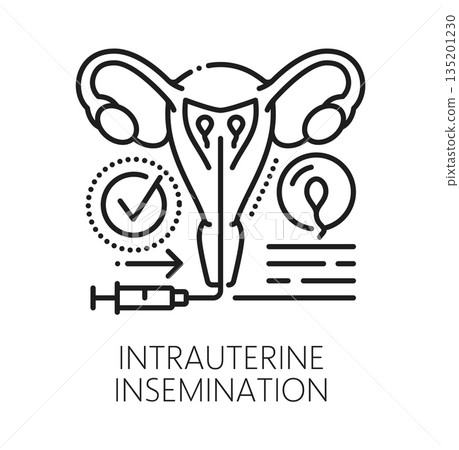 Intrauterine insemination gynecology, pregnancy line icon. Gynecology procedure medicine pictogram, urinary health and fertility vector icon. Reproductive health sign with uterus, sperm and syringe 135201230