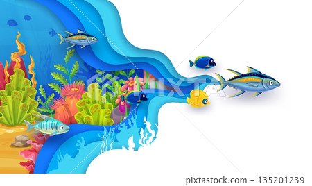 Paper cut underwater landscape with tropical fish. Sea water blue wave vector 3d paper cut borders banner with cartoon fish and seaweed plants at coral reef underwater landscape background Paper cut underwater landscape with tropical fish. Sea water blue wave vector 3d paper cut borders banner with cartoon fish and seaweed plants at coral reef underwater landscape background 135201239