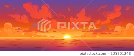 Cartoon anime sunset sky background with glowing orange and pink clouds above the calm ocean horizon. Dramatic manga sunset with vivid orange cloud. Vector beautiful nature landscape, vivid cloudscape 135201248