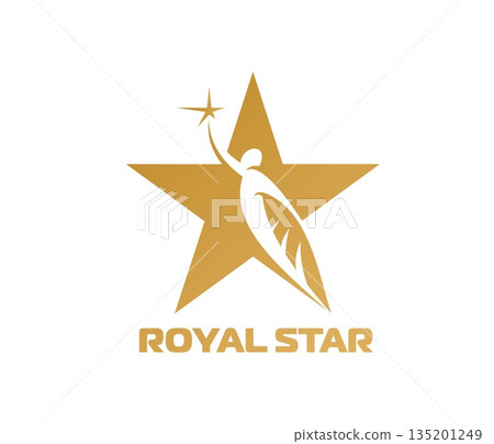 Gold star icon, modern emblem featuring golden star with a winged figure reaching toward a smaller star in sky. Vector label symbolizing dream, excellence, ambition and prestige, luxury or leadership 135201249