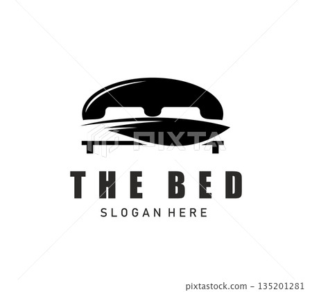 Modern bedstead bed icon, monochrome black couple bed silhouette with pillows and blanket. Vector emblem with bold text for furniture shop, bedroom interior, mattress brand, hotel or sleep product Modern bedstead bed icon, monochrome black couple bed silhouette with pillows and blanket. Vector emblem with bold text for furniture shop, bedroom interior, mattress brand, hotel or sleep product 135201281