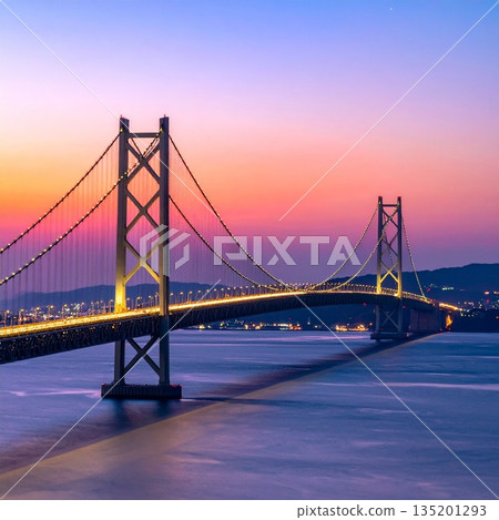 [AI-generated image] Awaji evening view with the beautiful silhouette of the Akashi Kaikyo Bridge 135201293