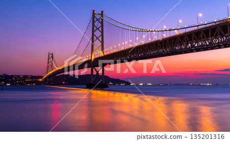 [AI-generated image] Awaji evening view with the beautiful silhouette of the Akashi Kaikyo Bridge 135201316